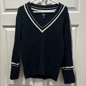 GAP Women's Black V-Neck Sweater with White Trim